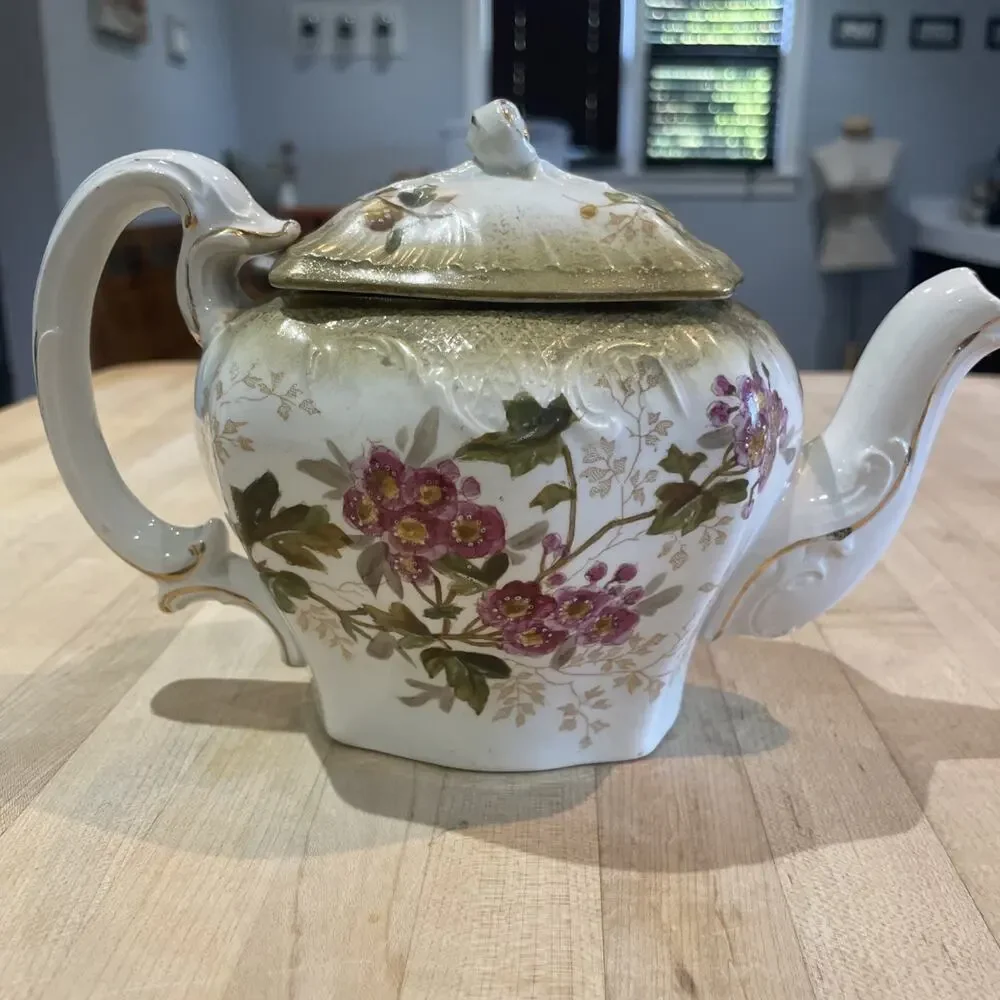 Antique Hand Painted Gold Inlay Blue Pink Floral Royal Porcelain Teapot Stamped
